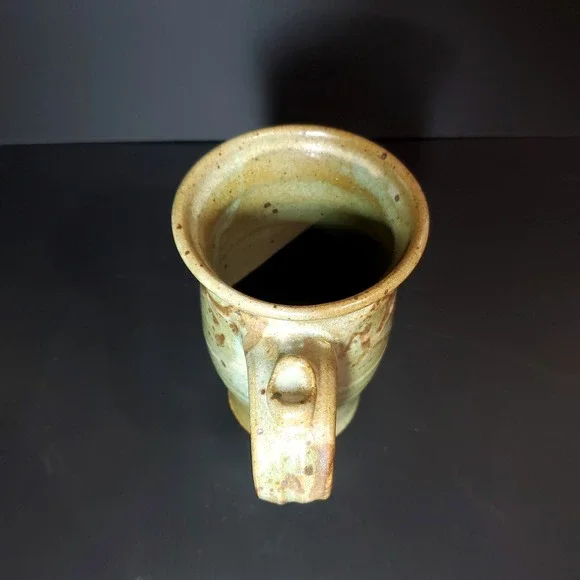 Studio Pottery Tall Mug Stoneware Leaf Motif Green Brown Handle with thumb rest - Picture 5 of 10